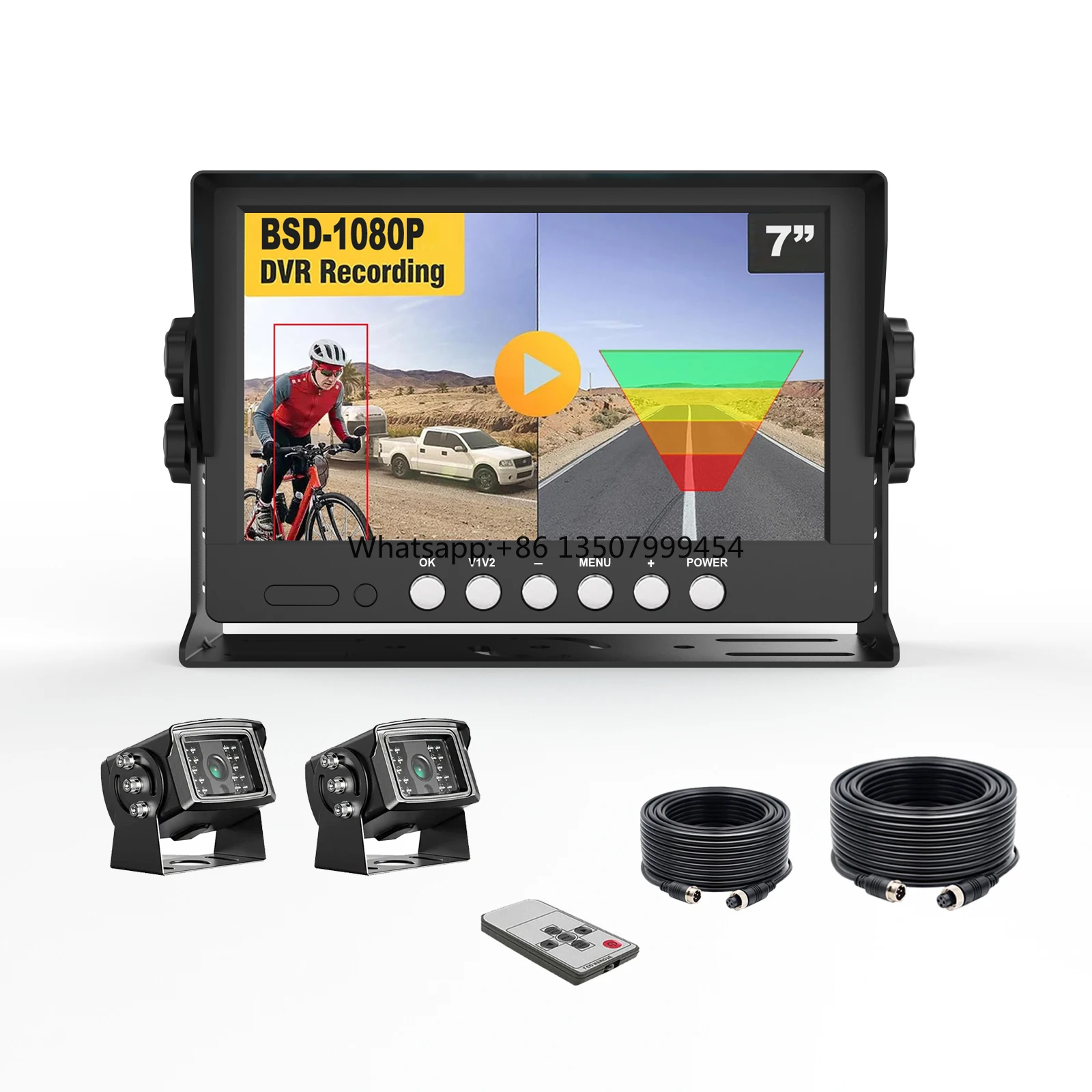 

7 Inch IPS Screen AHD Monitor Split 2 Screen BSD AI Detection Backup Rear View Cameras 1080P Alarm Warning PWAS 12-36v for Truck
