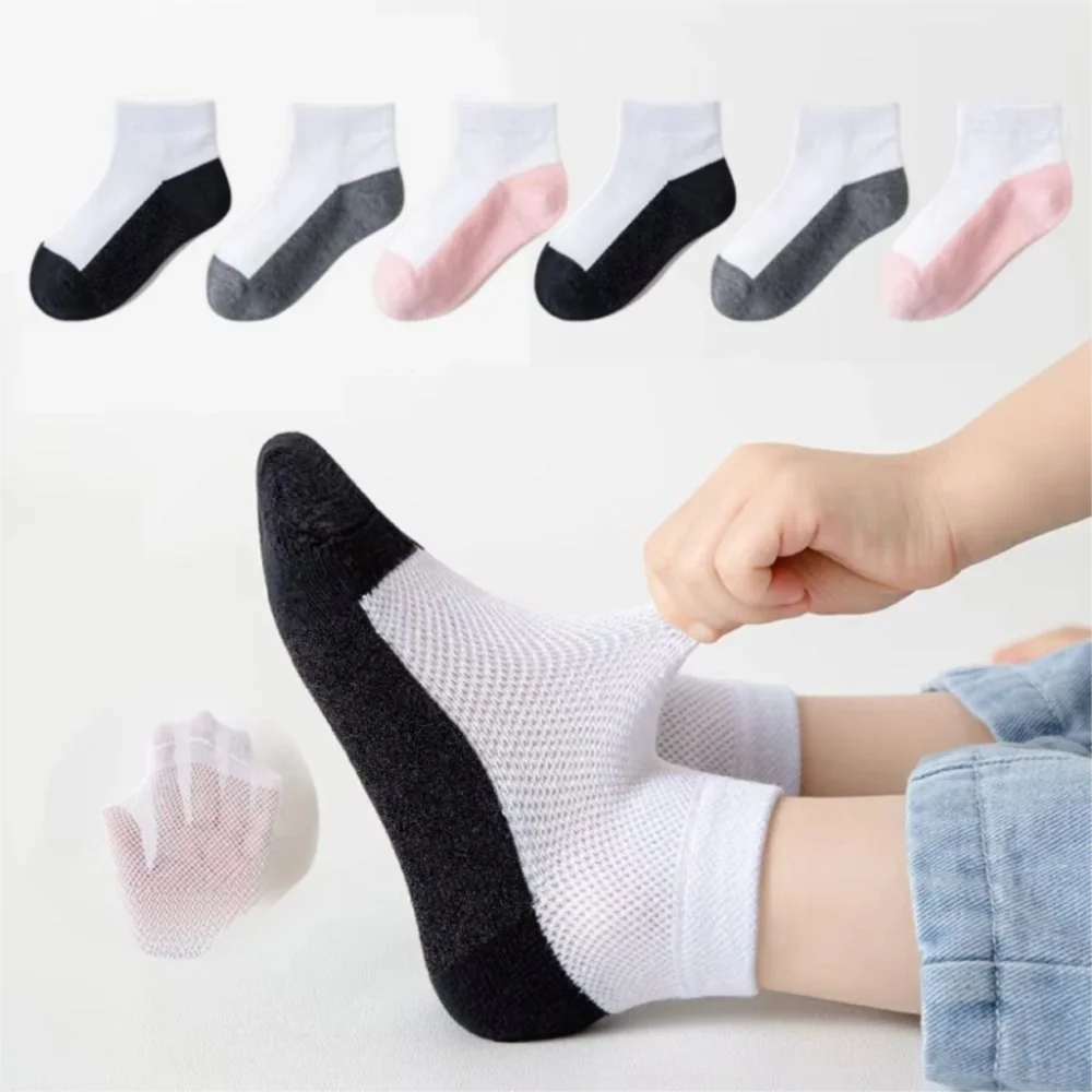 

5 Pairs Breathable Summer Children Cotton Sock Two-color Boat Socks Black Bottom White Socks Mesh Kid Boys Anti-slipping Sock