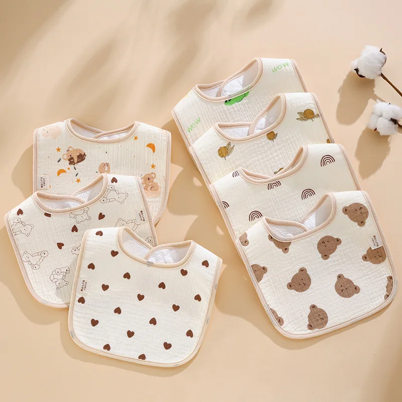

2025 New Korean Style U-Shape Bib for Infant Baby 6-Layer Soft Cotton Muslin Drool Bandana Toddler Cartoon Print Feeding Bib