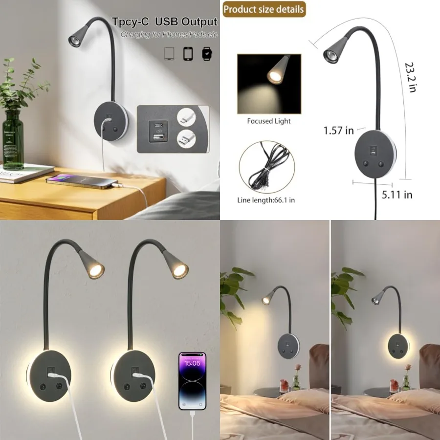 

Headboard Reading Light with Nightlight, 2 Pack Wall Mounted Reading Lights with Switch, Plug-in Hardwired Reading Lamp for Bed