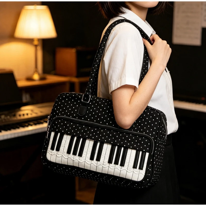  Polka Dot Piano Key Schultertasche, Damen Bowling Nylon Handtasche, Y2k Teenager Mädchen Große Kapazität Pendel- und Reisetasche, Süße Niedliche Tragetasche – Detail 13