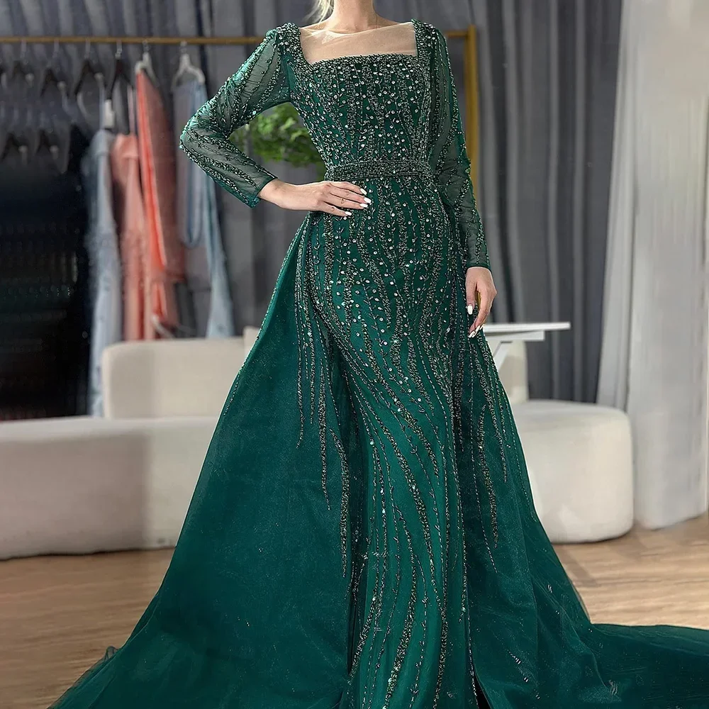 

Middle Eastern Islamic Emerald Green Beaded Luxury Evening Dress Modern Style Wedding Party Gown فساتين سهرة