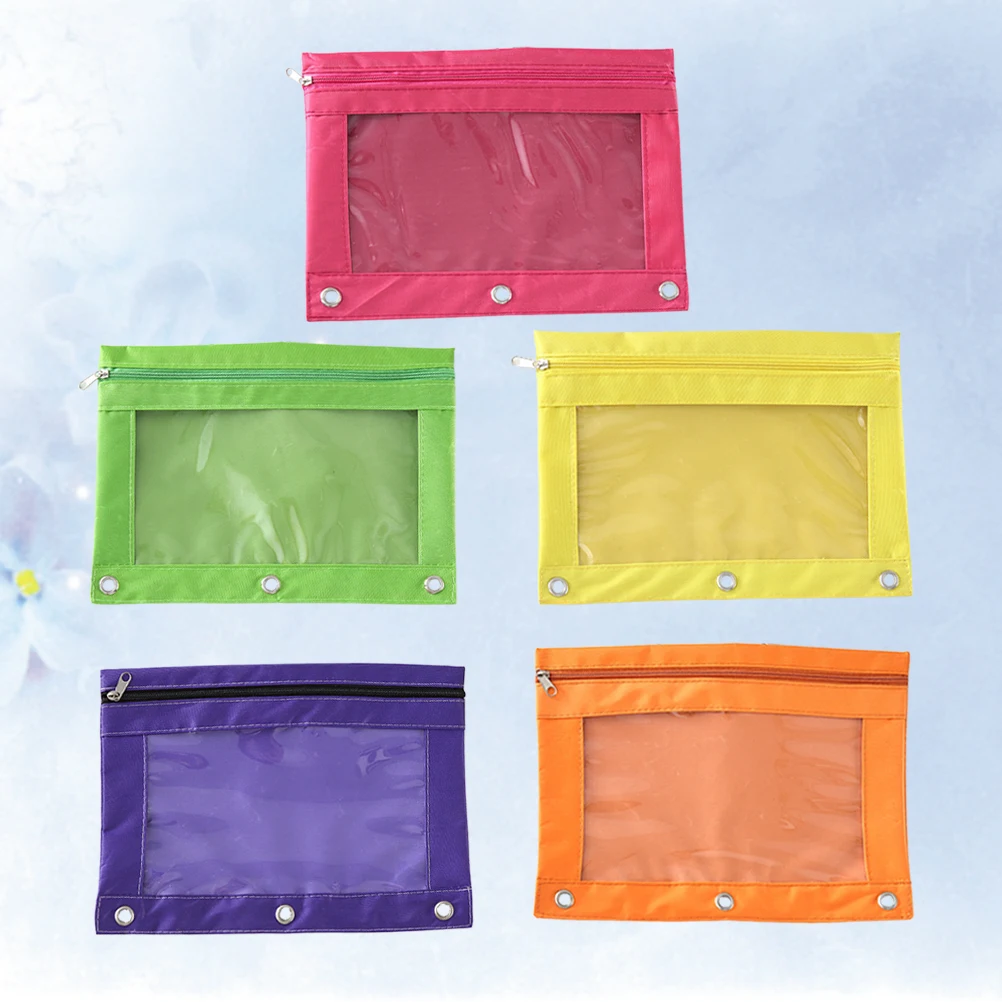 

5 Pcs Pencil Case Orange Stationery Bag Zippered Compartments File 3 Ring Pouch Large Capacity Rivet Enforced Holes