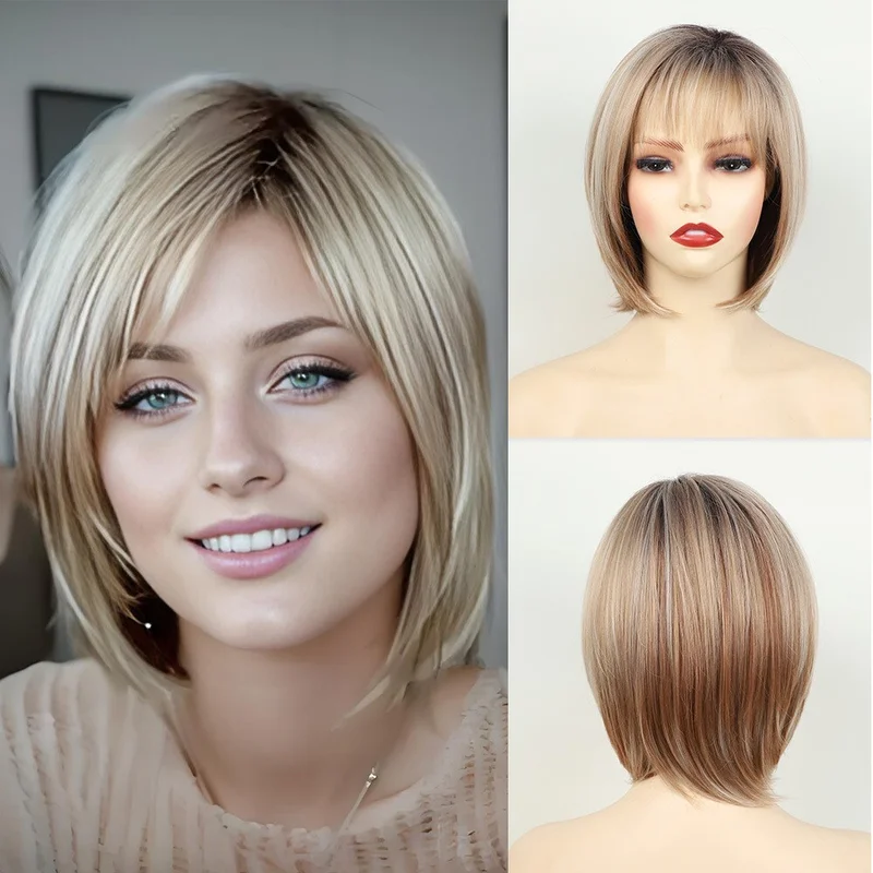 Women Short Bob Mix Brown Blonde Straight Synthetic Hair Wigs with Fringe Bangs