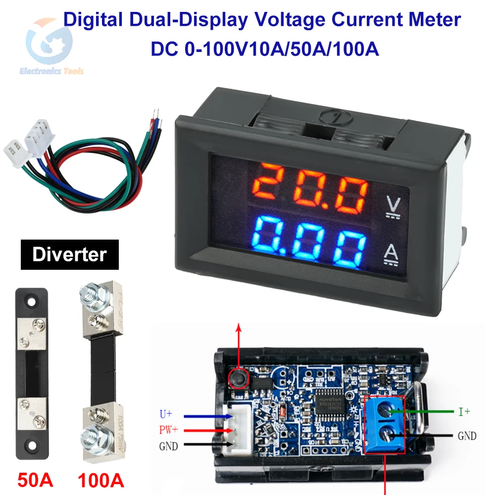 Digital Voltmeter Ammeter Dual-Display DC 0-100V 10A/50A/100A Voltage Current Meter 0.28-inch Amp Volt Gauge Red Blue LED