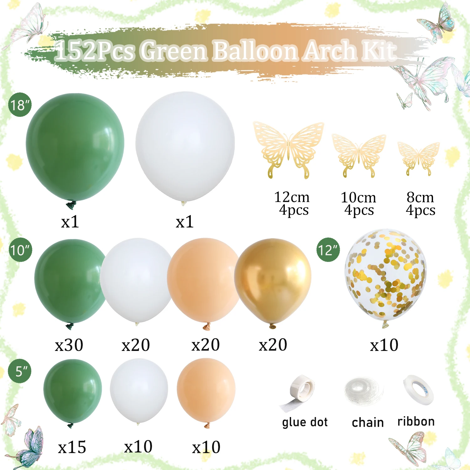 152Pcs Sage Green White Nude Gold Confetti Balloons Arch Kit With Butterfly Stickers for Baby Shower Birthday Wedding Decor