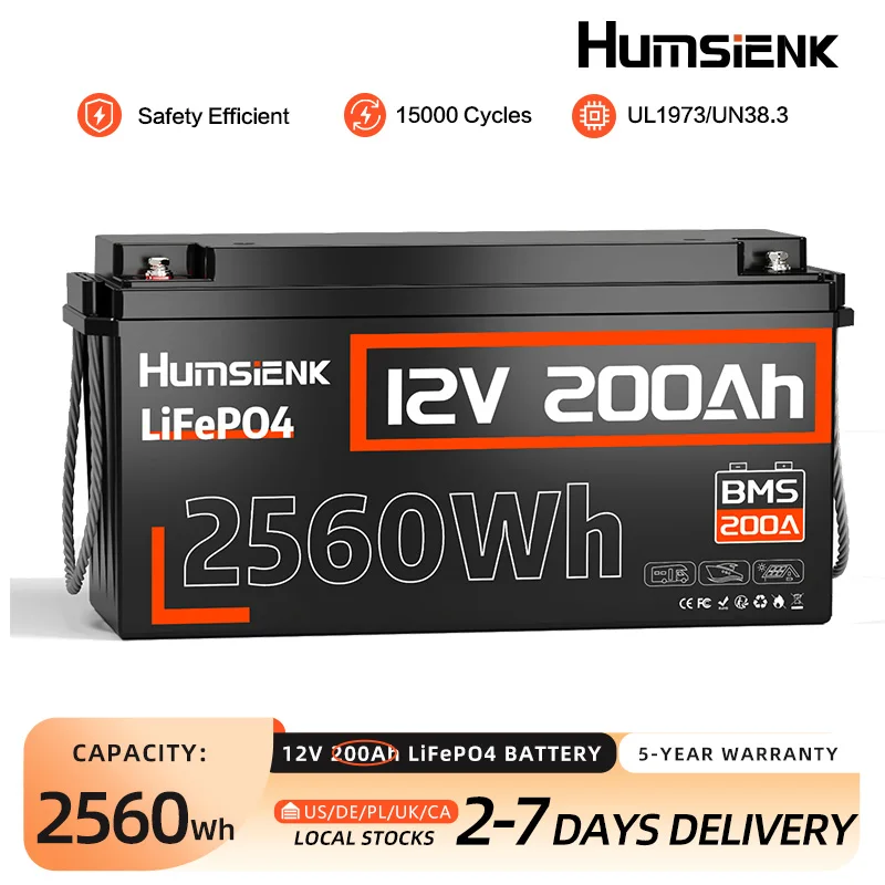 Humsienk 12V 200/240Ah LiFePO4 Battery, Built-in 200A BMS, 15000+ Deep Cycle, Low-Temp Protection, Rechargeable Lithium Battery for RV, Van, Golf Cart, Boat, Camper, Marine, Trolling Motor, Off-Grid, Solar Energy Storage, 5-Year Warranty