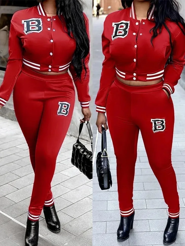 

Sets Outifits 2023 New Letter Pattern Striped Baseball Jacket & High Waist Pants Set Of Two Fashion Casual Pieces For Women