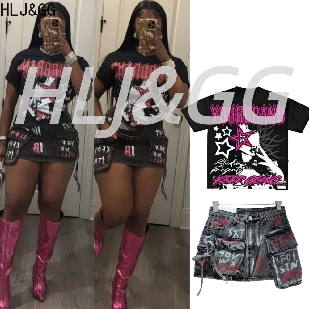 

HLJ&GG Y2K Fashion Graffiti Print Cargo Pocket Mini Skirts Two Piece Sets Women Short Sleeve Loose Tshirts And Skirts Outfits