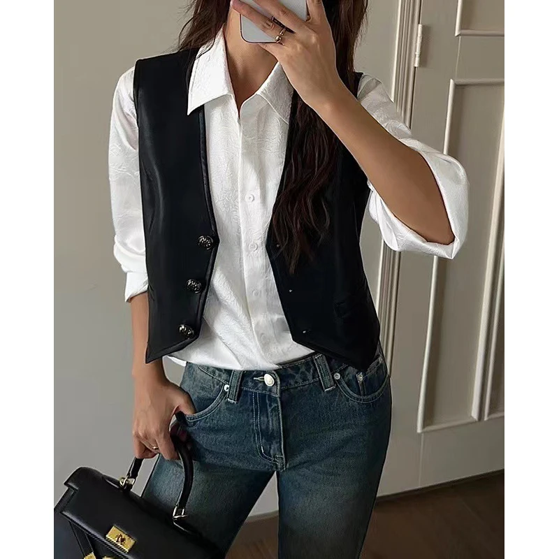 Genuine Leather Black Suit Vest Jacket 2024 New Fashion Women Sleeveless Single-breasted Short Loose Sheepskin Waistcoat Tops