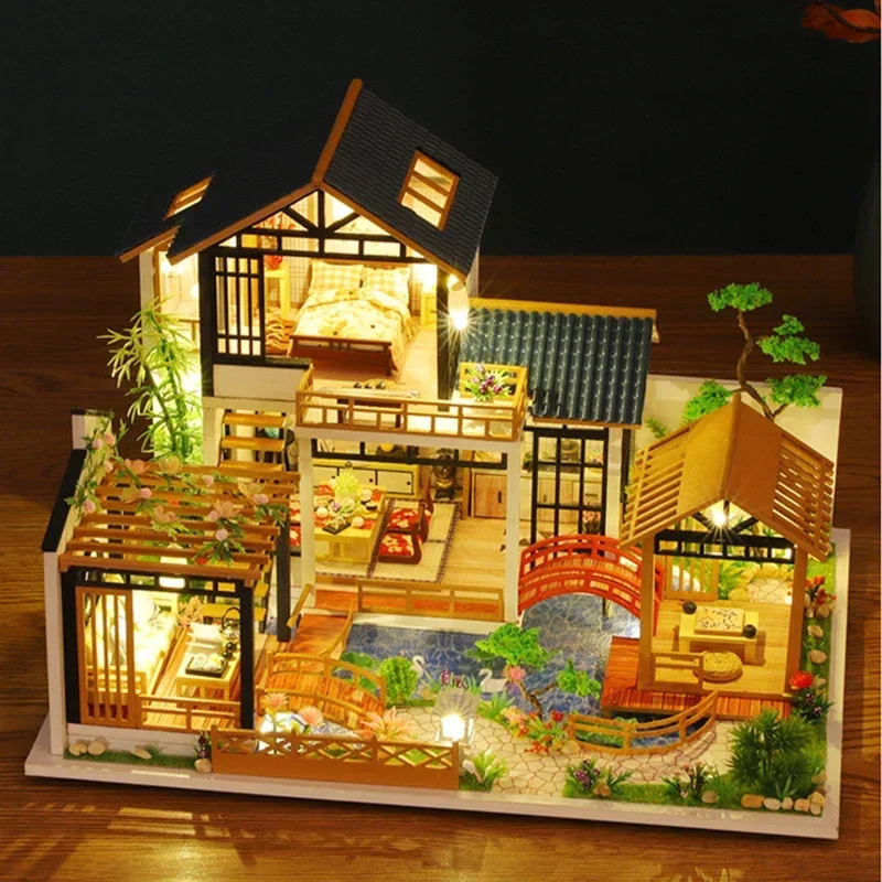 

Chinese Ancient Casa Miniature Building Kits DIY Wooden Doll Houses with Furniture Led Light Dollhouse for Girls Birthday Gifts