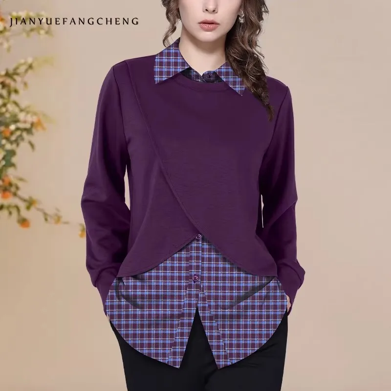 

Женский премиальный фиолетовый трикотажный топ - Роскошный асимметричный свободный крой с клетчатым воротником 2026