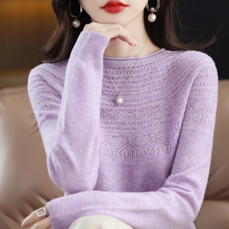 New autumn and winter 100% wool first-line ready-to-wear hollow women\'s pullover O-neck cashmere sweater knitted solid color