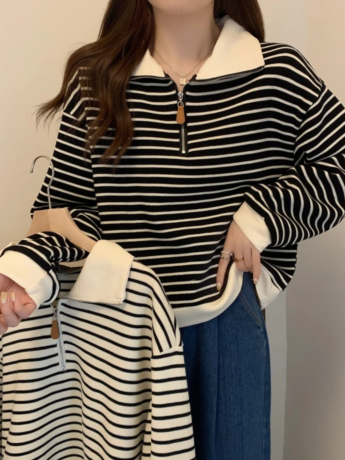 Women Retro Striped Sweatshirt Spring Autumn New Loose Turndown Collar Half Zipper Pullover Korean Style Long Sleeved Top