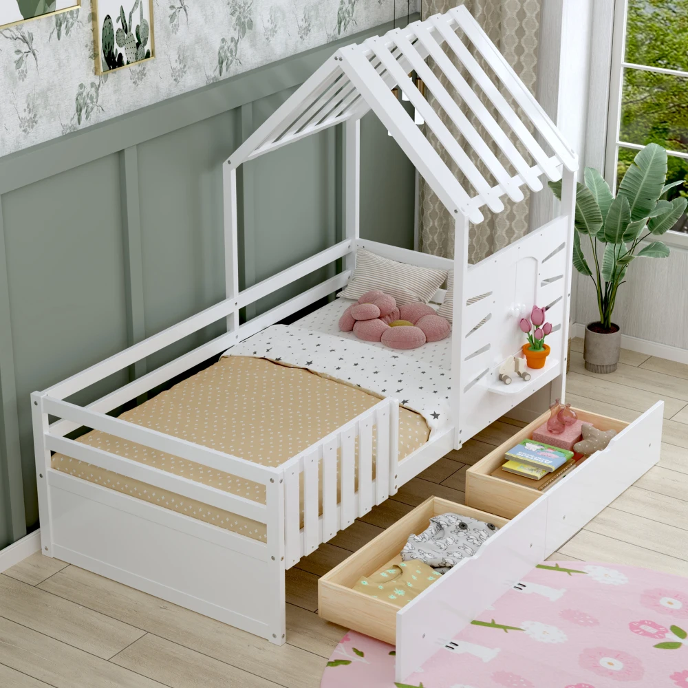 

Twin Bed Frames for Kids,Twin Size With 2 Storage Drawers and Guardrails, Playhouse Bed With Roof and Window, Wooden Bed，White
