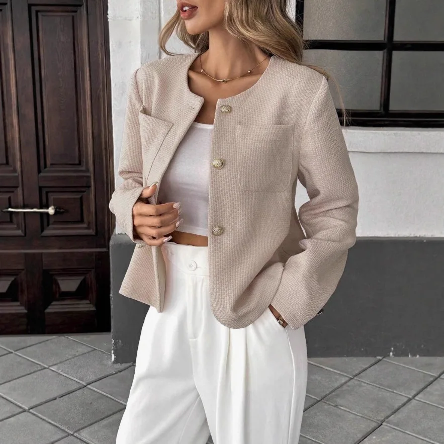 Refined Textured Tweed Short Coat Button Down Turn Down Collar Long Sleeve Pockets Slim Fit Apricot Casual Lady Outerwear Jacket