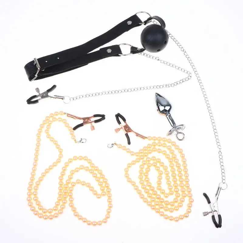 ADBDSM Anal Beads Butt Plug Mouth Gag Set Pearl Nipple Clamps With Chain Metal Breast Clip Bondage Slave For Women Sex Toy Kit