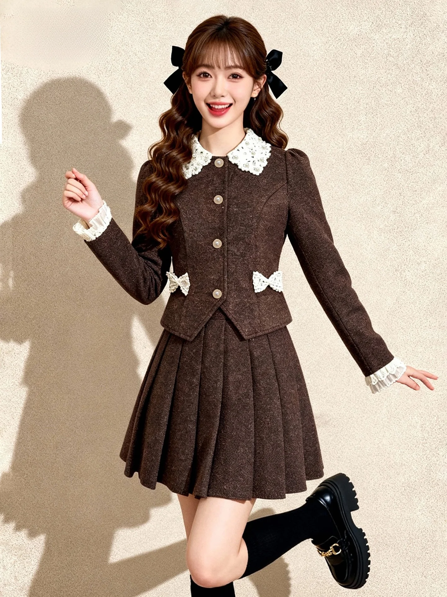 

Chic Autumn Winter Coffee Color Women's Faion Set with Coat Ladylike Sle ort Sve Long Pants Cotton Inner Wear