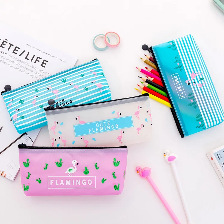 1 Pcs Kawaii Pencil Case Flamingos PVC Gift Estuches School Pencil Box Pencilcase Pencil Bag School Supplies Stationery