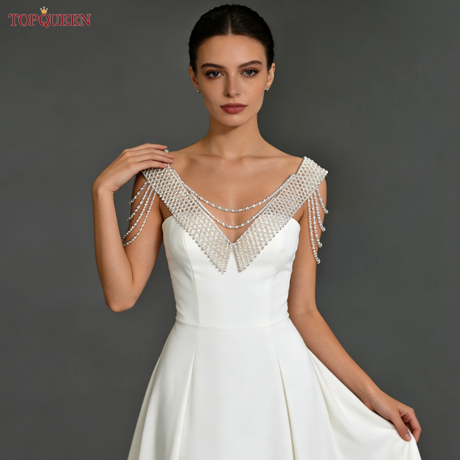 

TOPQUEEN белый кристалл из бисера цепочка для тела свадебное ожерелье болеро ювелирные изделия комплект на плечо свадебное платье женская элегантная куртка Diy Vg99