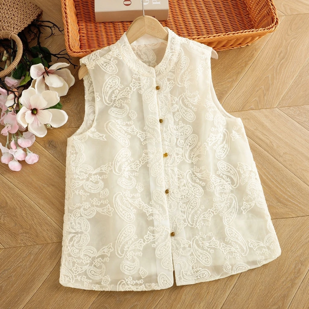 

New Chinese Jacquard Sleeveless Vest Women's Vintage Collar Buckle Loose Fit Meat Covering Top Fashionable Niche Style