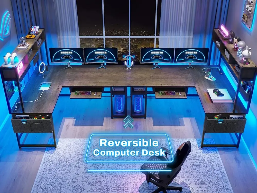 L Shaped Computer Desk, Reversible Corner Desk with Power Outlet and Led Lights
