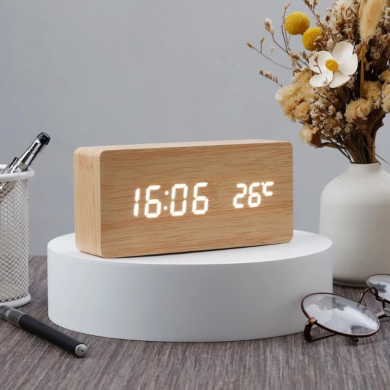 Wooden LED Digital Alarm Clock Snooze Function Temperature Voice Activated Desk Clock For Kids Bedroom Wake Up Clock