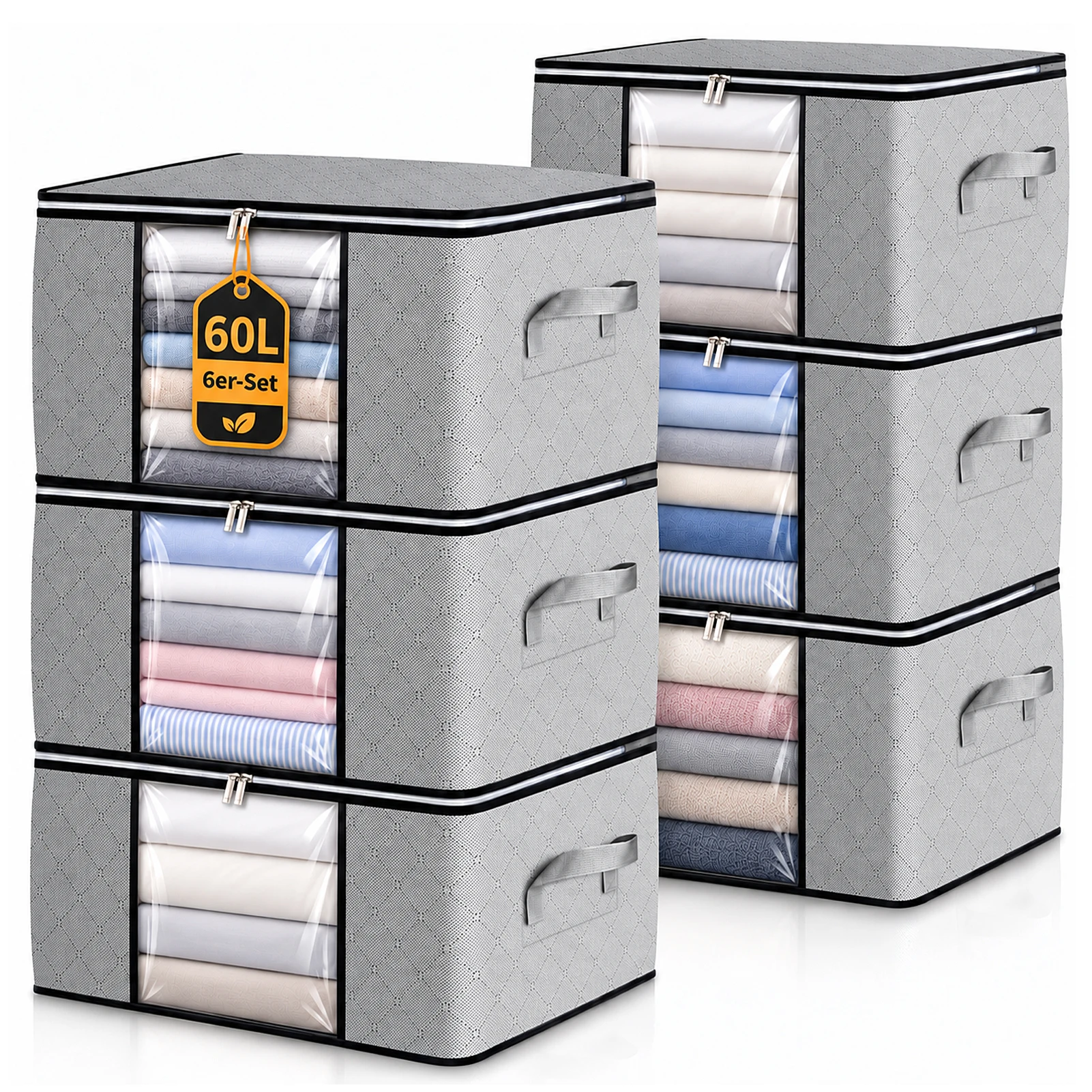 Set Di 6 Sacchetti Per Conservazione, Da 60 L Ciascuno, Per Vestiti, Coperte E Cuscini – Porta Abiti Pieghevole In Tessuto A Tre Strati, Con Finestra Trasparente, Cerniera E Maniglie Rinforzate