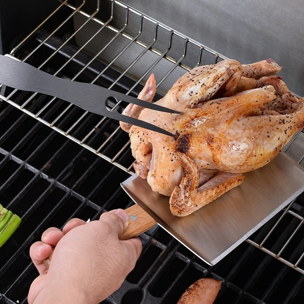 Wooden Handle Iron Plate Barbecue Shovel, Iron Plate Burning Material Tool Eleven-piece Set Griddle Accesssiores
