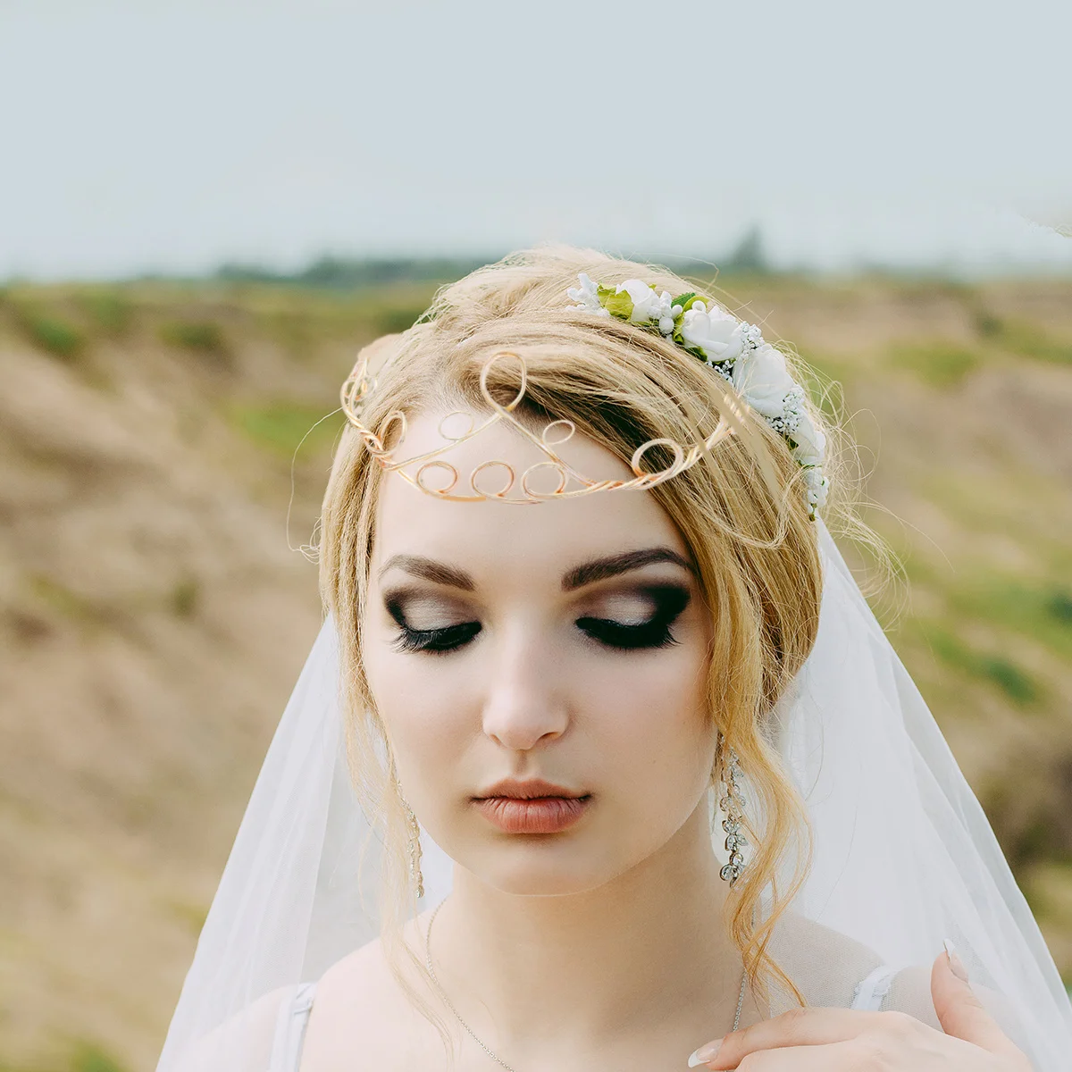 أنيقة الذهبي تاج الزفاف الزفاف إكسسوارات الشعر بسيطة تاج الدائرة نمط الزفاف تاج المرأة خوذة #6