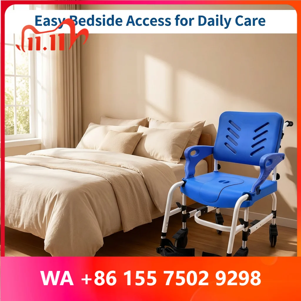 Lightweight Aluminum Wheeled Toilet Chair Mobile Bedside Commode For Elder Disled Home Hospital Nursing Care Use