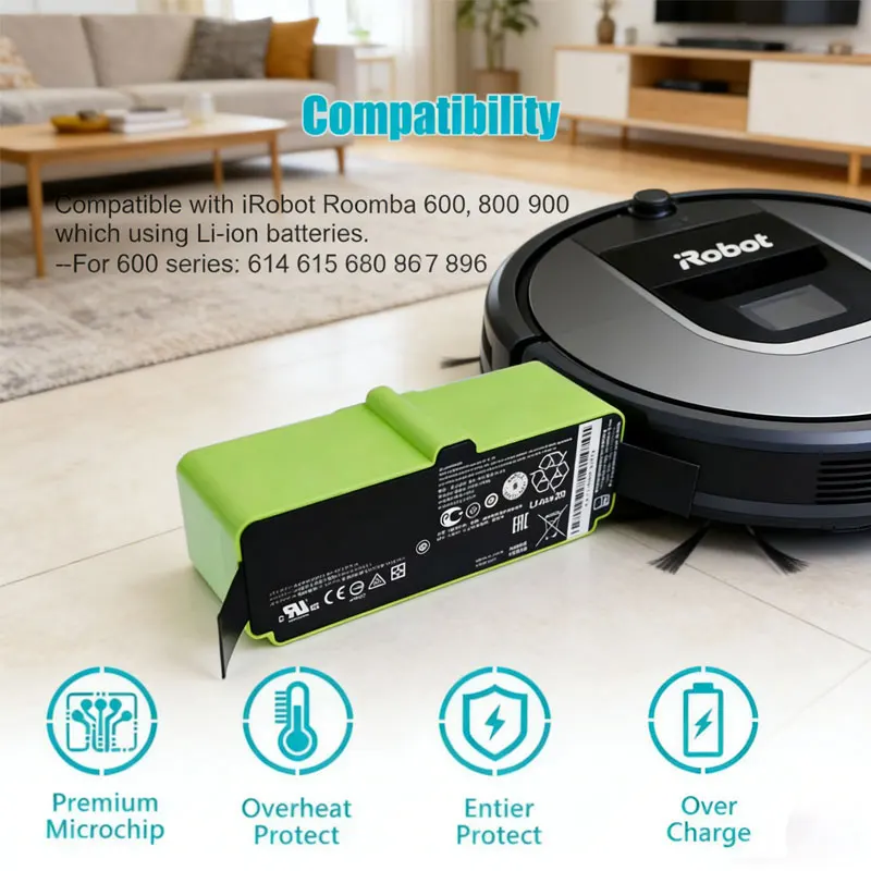 

Литий-ионный аккумулятор 12800 мАч для роботов-пылесосов iRobot Roomba серий 900, 800, 700, 600, 960, 980, 981, 966, 895, 695, 692, 690, 675, 780, 860, 891