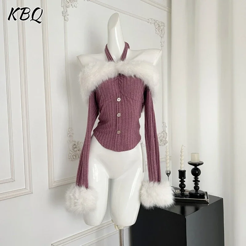 KBQ Hit Color Spliced Feather Slimming Sweater For Women Halter Off The Shoulder Sleeve Temperament Sweater Female Fashion New