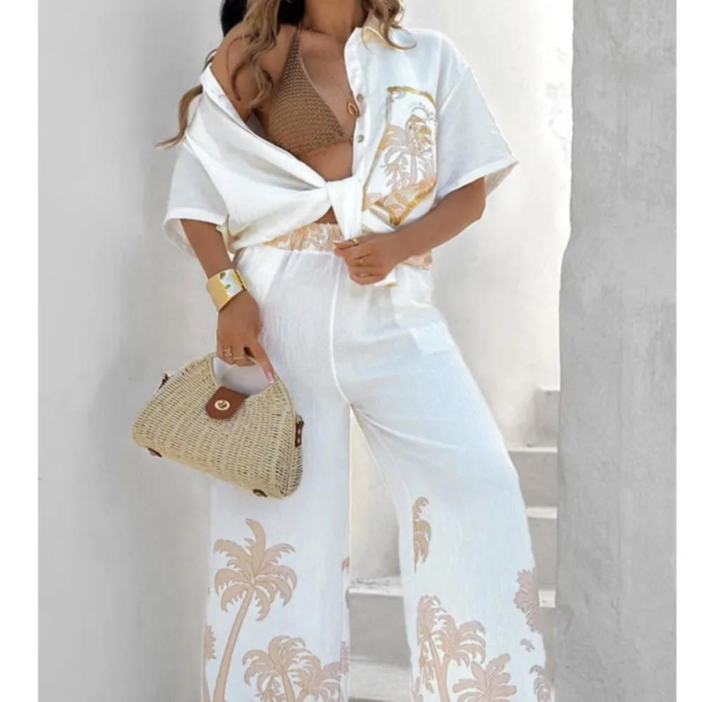 

Summer Women's Two-piece Casual Loose Fashion Printed Vacation Style Cotton Linen Short Sleeved Collar Shirt Long Pants Set