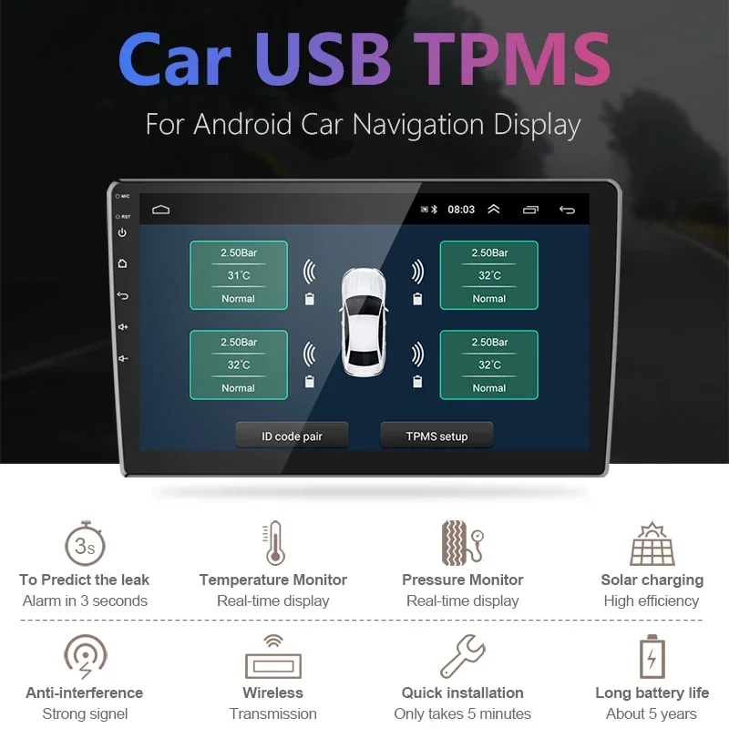 JMCQ-USB Android Tire Pressure Monitoring System, TPMS, 116 Psi, Sistema de Alarme, 5V, Interno, Navegação Externa, Rádio Do Carro