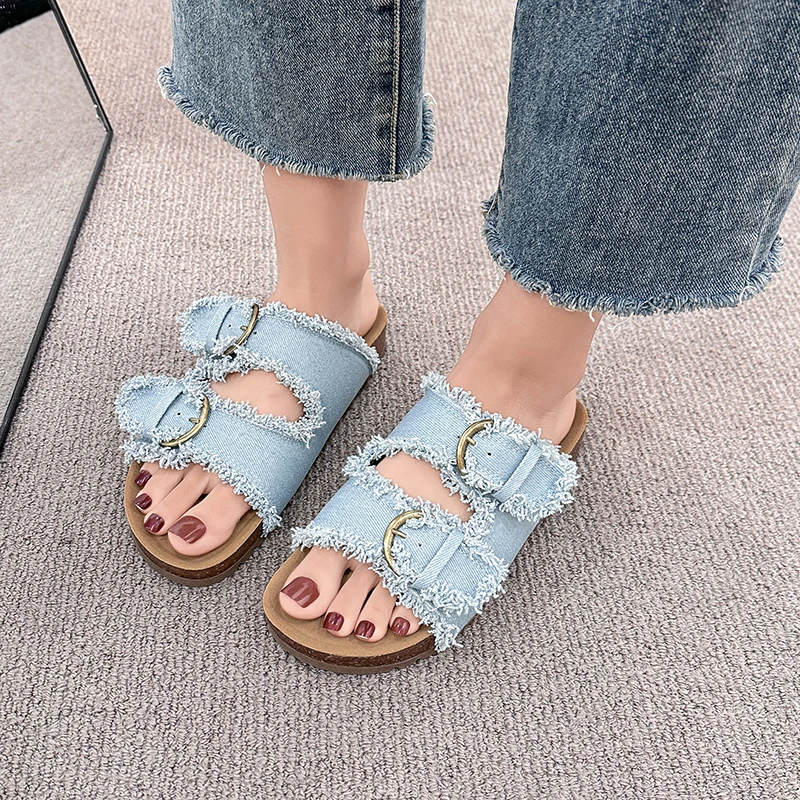 2026 New Double Buckle Design Thick-soled Women's Slippers Summer Skin-friendly Comfortable Casual Slippers Zapatos De Mujer