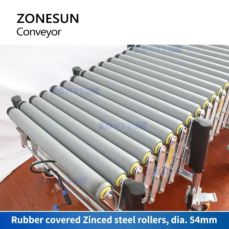 ZONESUN ZS-FCR600 Trasportatore flessibile con rulli alimentati rivestiti in gomma e cinghie a V per la movimentazione dei materiali