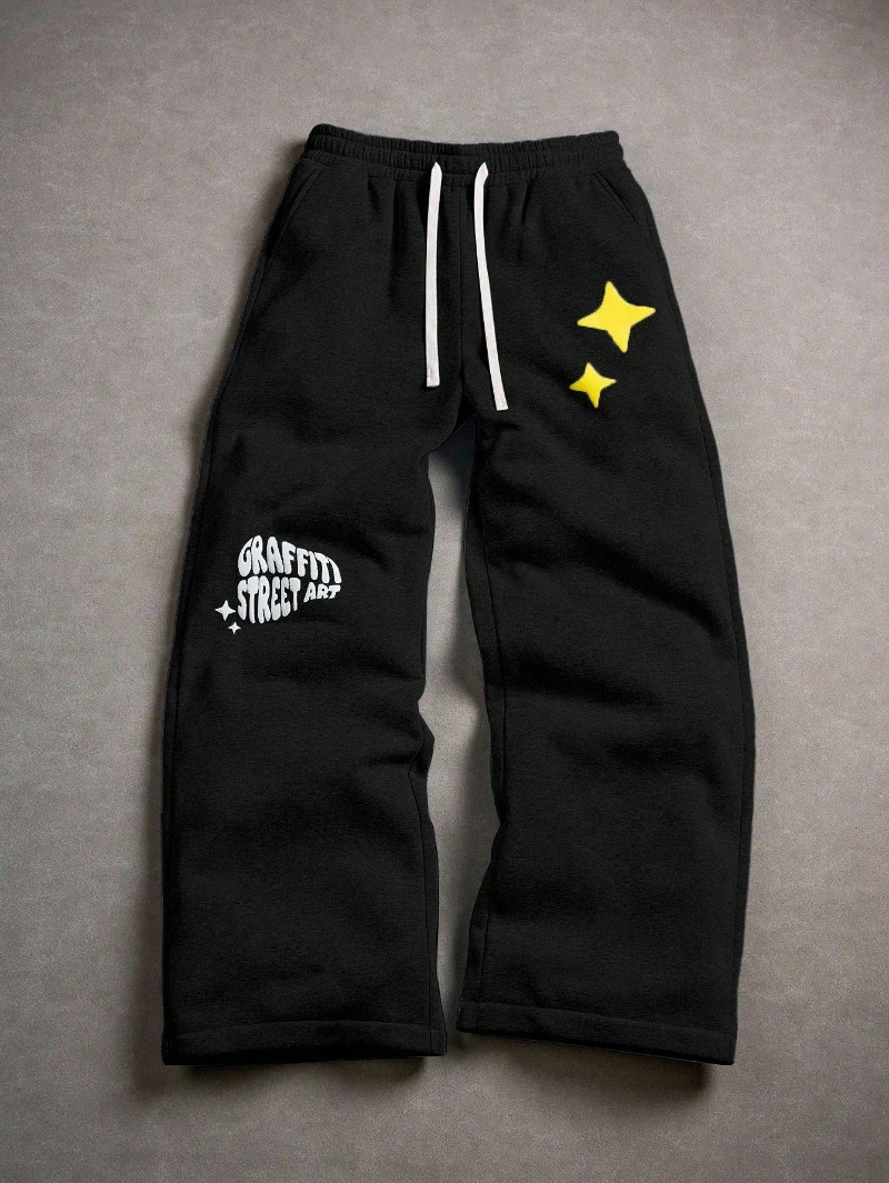 Men's Street, INS Matching High Street Hip Hop Foaming Print Loose Straight-Leg Sweatpants, Suitable for All Seasons Matching