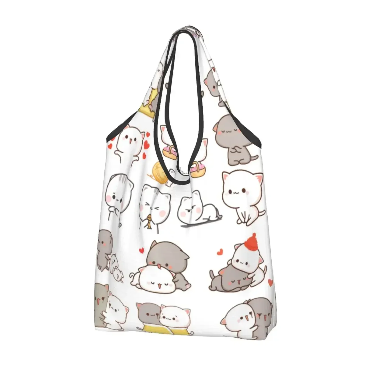 Grande reutilizável bonito pêssego e mercearia Goma sacos, Reciclar dobrável Cartoon Mochi Cat Sacola de compras, Leve lavável