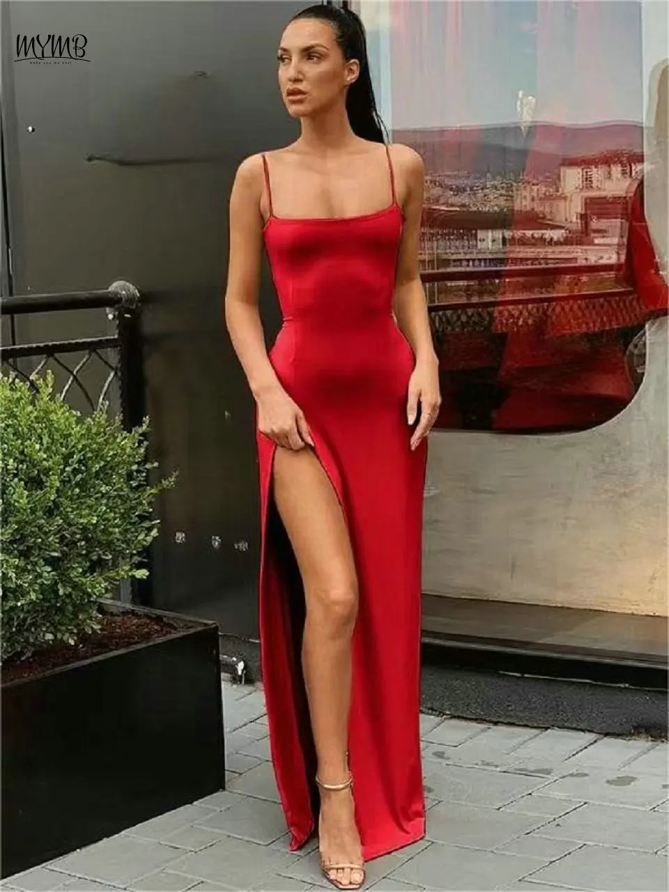 MYMB Red Sexy Spaghetti Straps Mermaid High Split Evening Dress for Prom Graduation Simple Lace Up Back Satin Wedding Party Gown