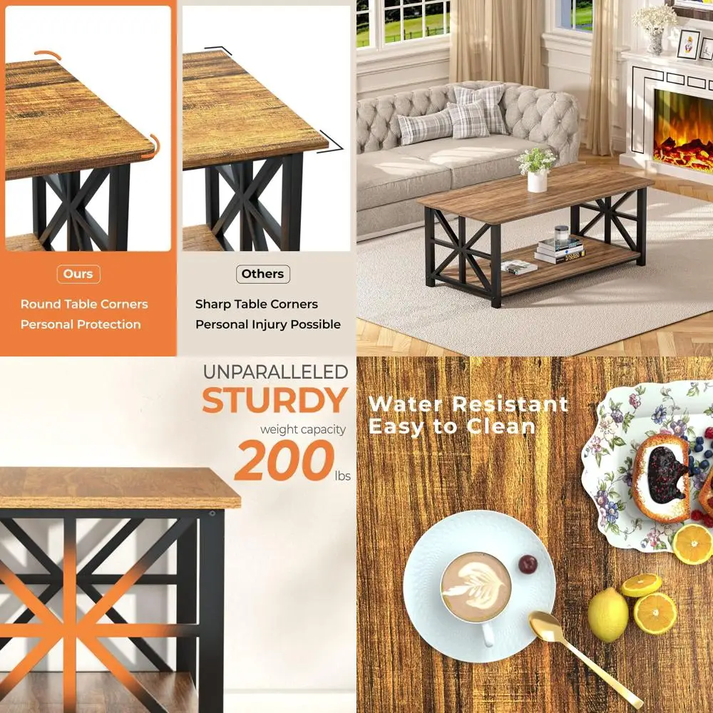 

Round Corner Coffee Table, 2-Tier Farmhouse Style Storage Shelf, X-Frame Living Room Center Table, 39 Walnut