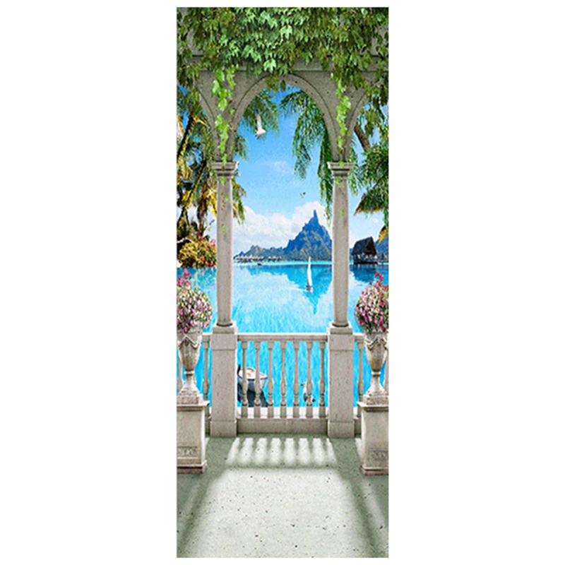 

Balcony Sea View Door Stickers 3D Room Wall Art Beach Palm Tree PVC Mural Home Decorations Green Island Blue Water Wallpaper