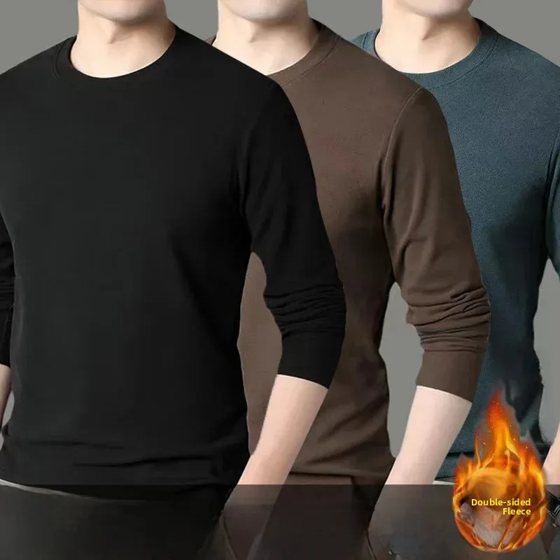 Men's Long Sleeve Thermal T-Shirt round Neck Fleece Lined Inner Wear  Color Base Layer Shirt for Autumn Winter