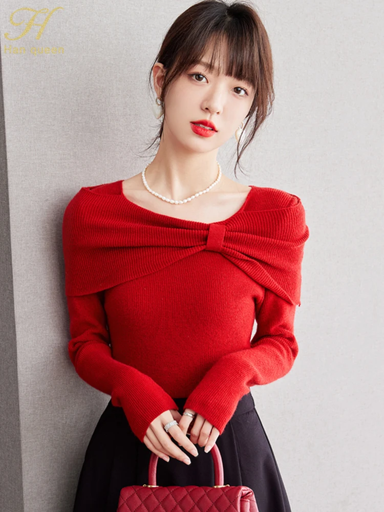 H Han Queen Autumn Top New Korean Bow Vintage Red Elastic Knitted Pullover Sweaters Simple Basic Bottoming Shirt Sweater Women