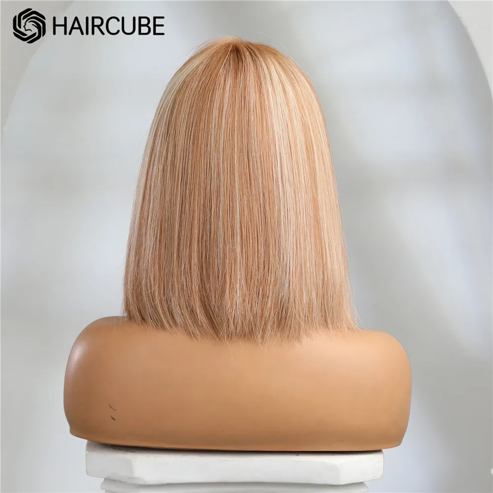 HAIRCUBE 12inch Honey Brown Blonde Highlight Human Hair Wig 13×5×1 Bob Lace Front Wig Shoulder Long Middle Part Wigs for Women