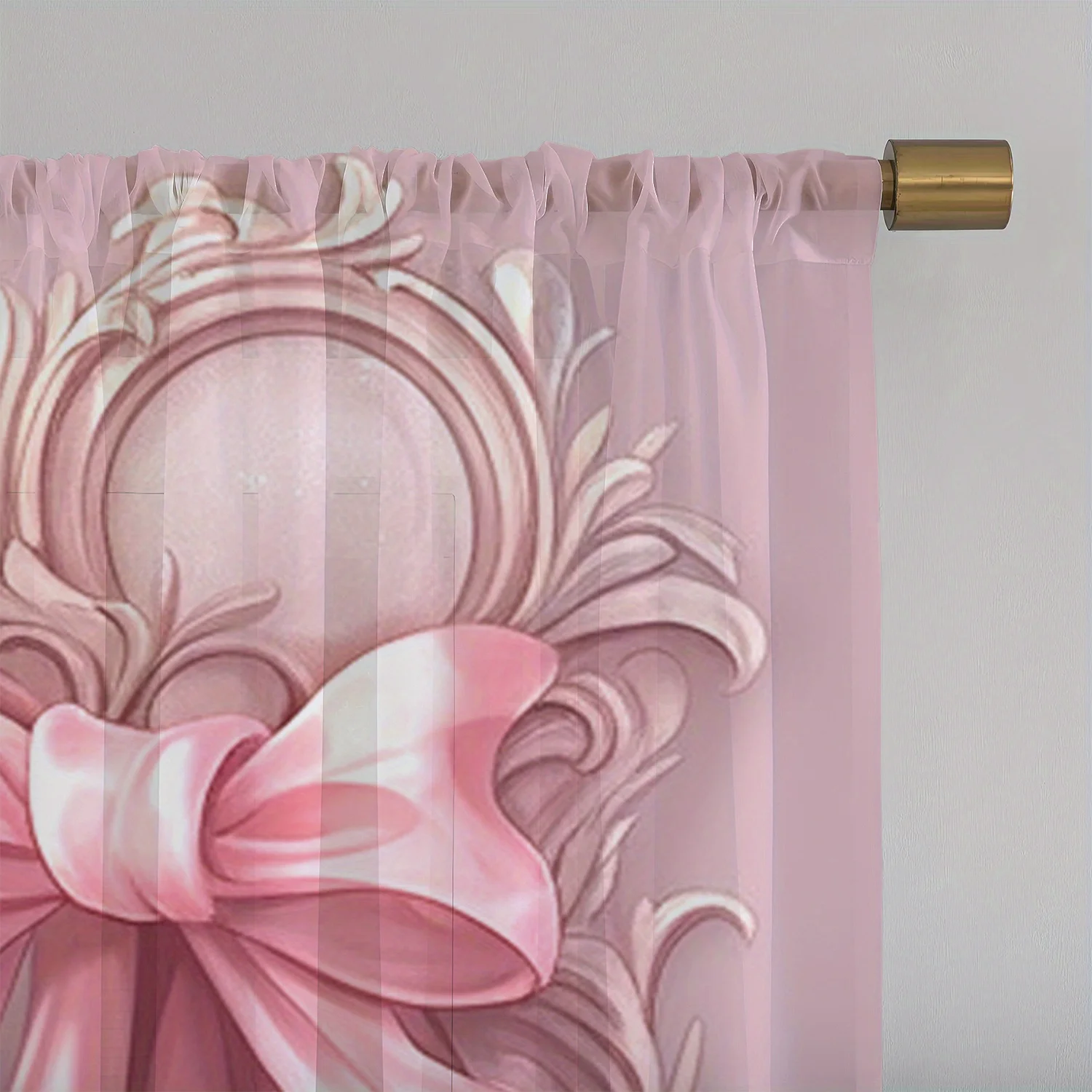 Pink Sheer Floral Curtains 2pcs, HD Digital Print Bow Design Lightweight Polyester Rod Pocket for Living Room Bedroom Decor