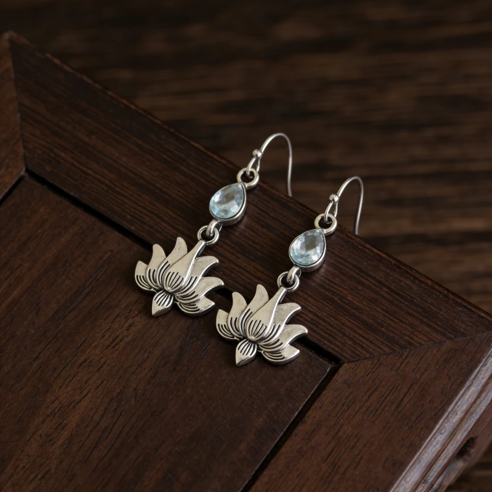 Vintage Lotus Droplet Pendant Earrings for Women, Anti Allergy Bohemian Style Accessories, New Chinese Luxury, Daily Commuting