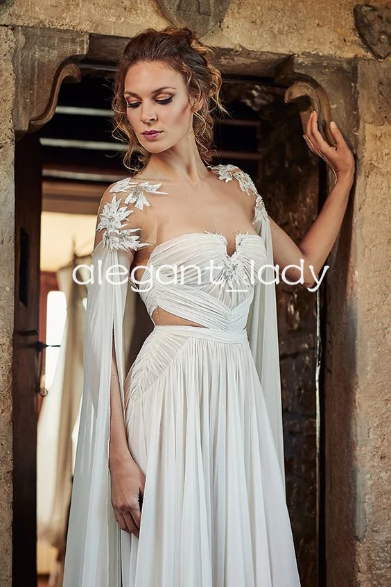 Fairytale-Bohemian Beach Wedding Dresses com capa de manga, renda chiffon, vestido de noiva completo, roupa para praia