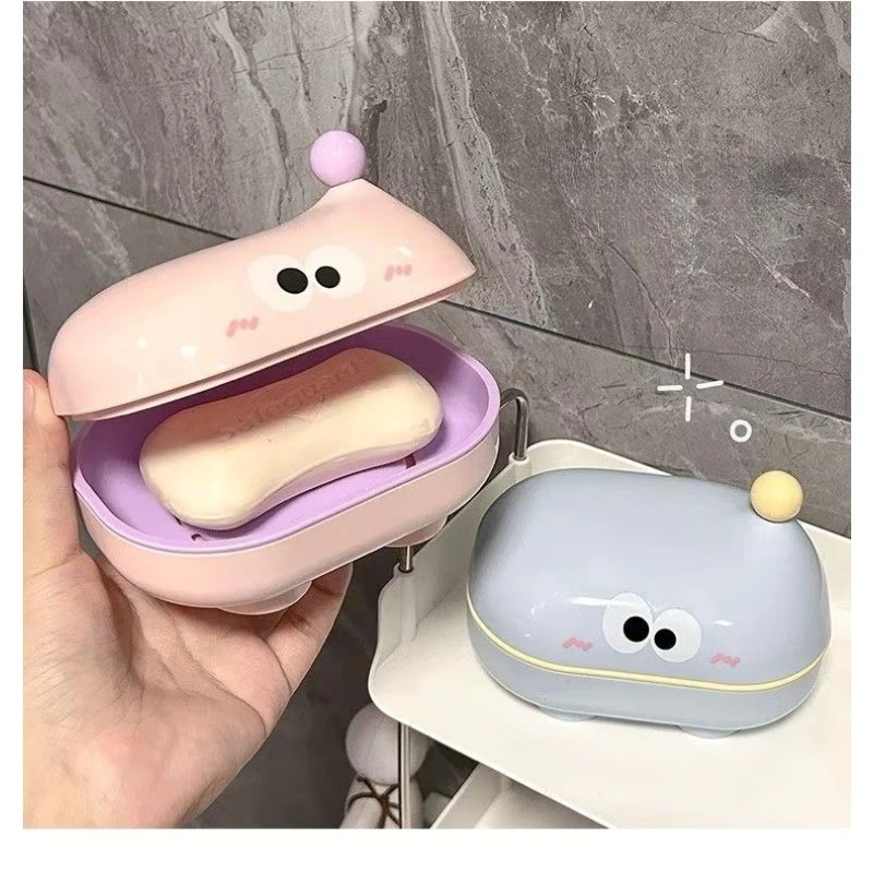 Flip-top Soap Box Big-eyed Cute Household Draining Soap Holder with Lid Cartoon Soap Box for Student Dormitorie Bathroom Storage