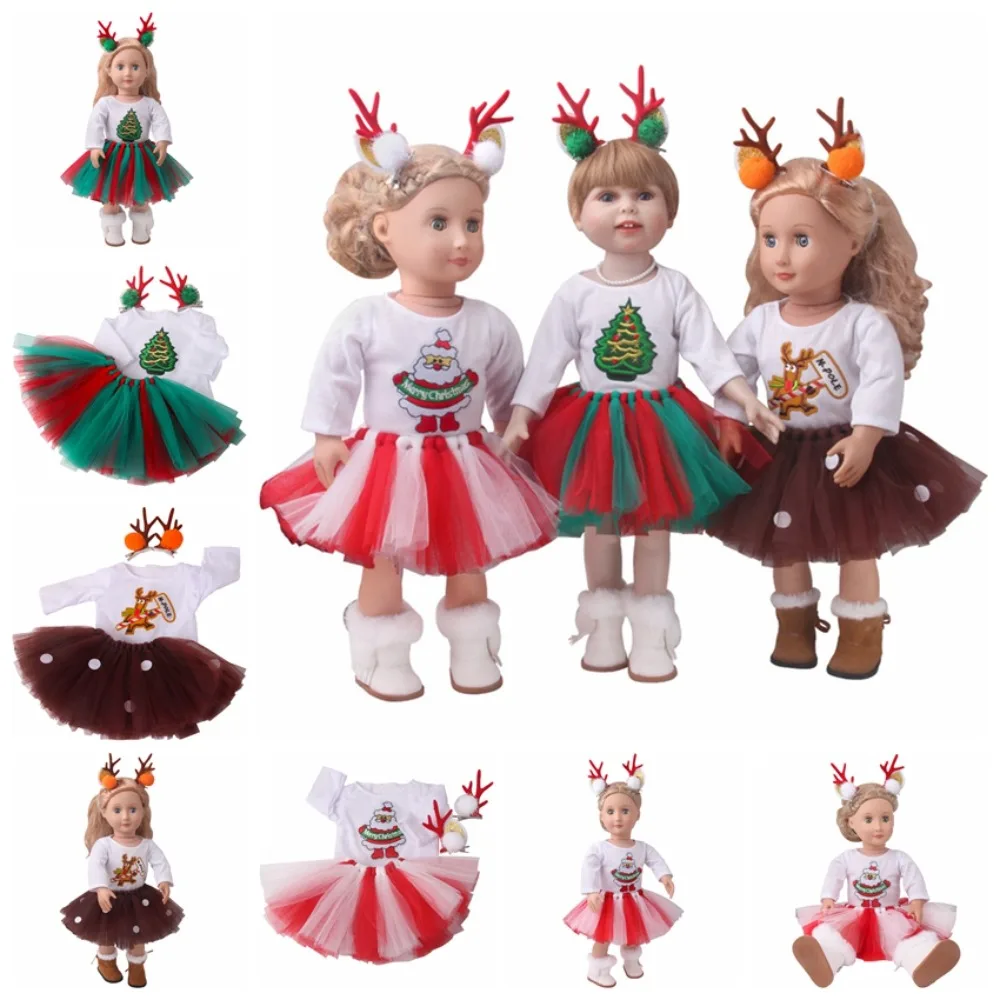 

Christmas Suit American Doll Clothes Long Sleeved Dress Set Doll Dresses 18 Inch Two Elk Hairpins Cute Doll Clothes Christmas